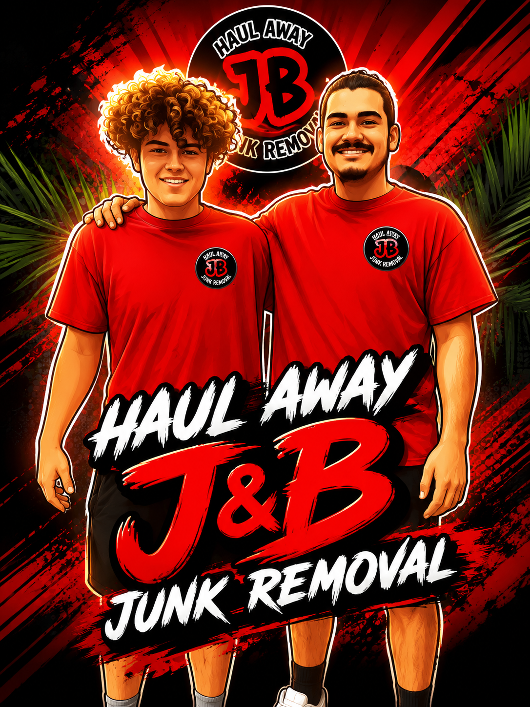 J&B Haulaway crew members in branded red shirts ready to haul junk
