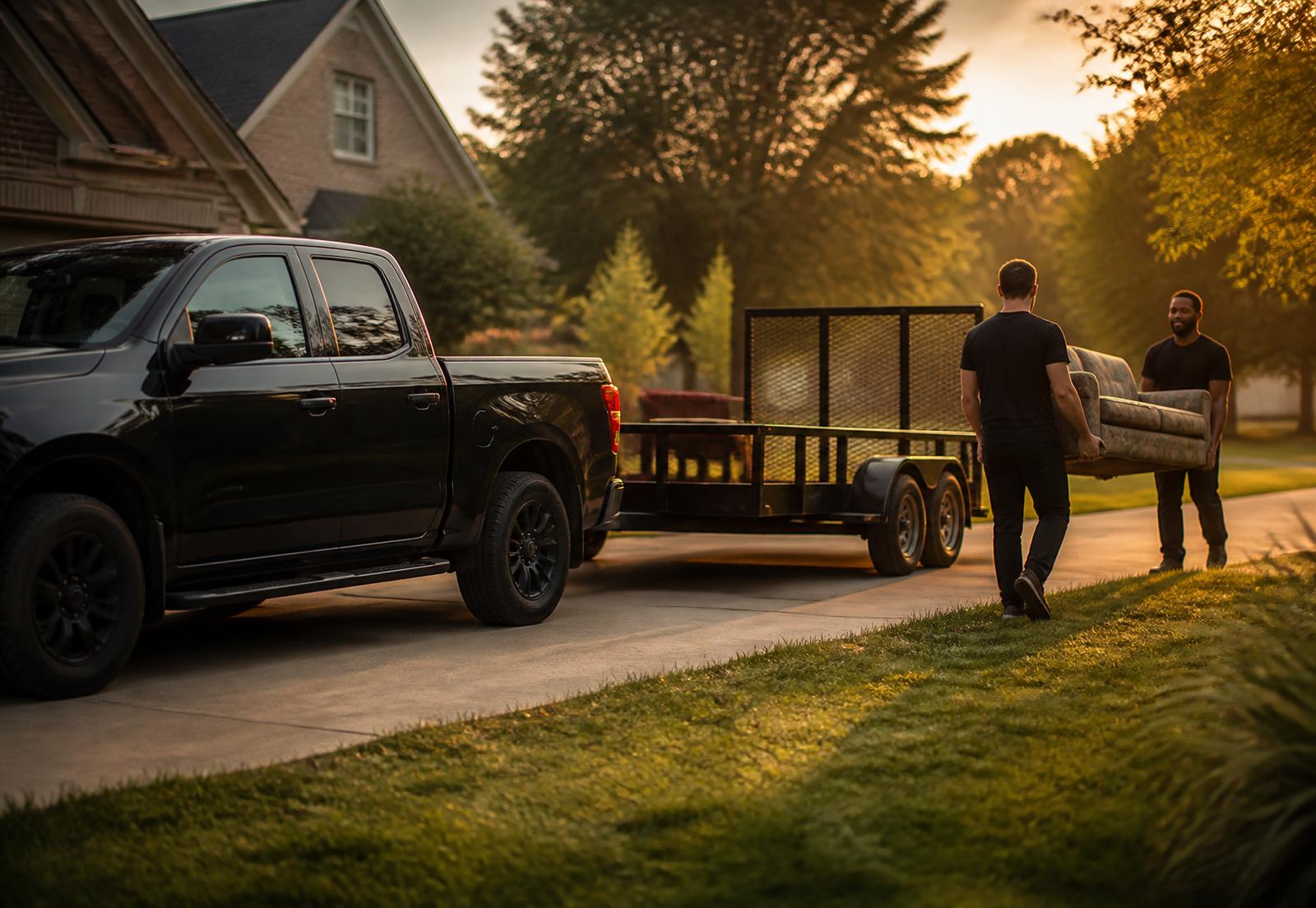 J&B Haulaway crew loading old furniture into a trailer outside a Virginia home